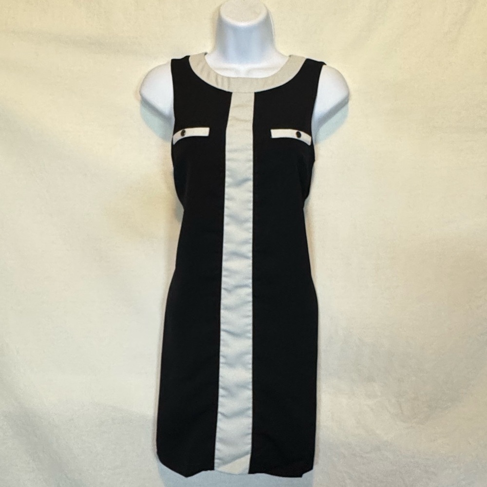 F-69 Bordeaux Black‎ & White Sleeveless Lined Summer MIDI Dress Size S